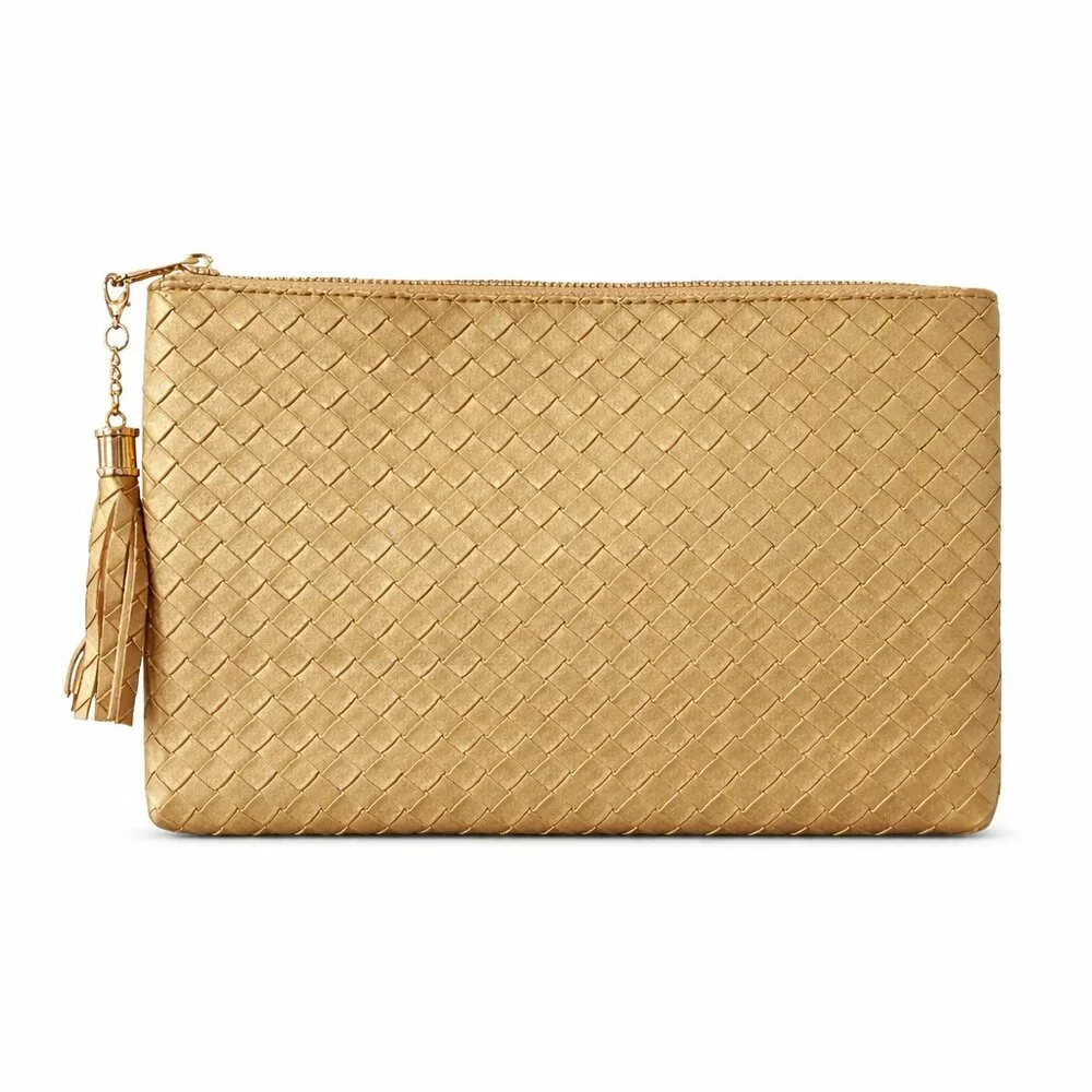 Virginia Wolf Mimi Woven Metallic Gold Clutch Tassel Zip Pouch 11x7